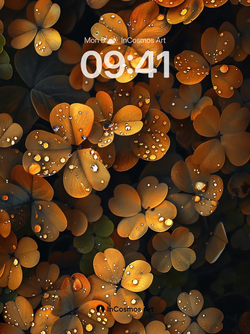 Gilded Dewdrop Wallpaper with Floating Clovers wallpaper for iPhone, iPad & Mac