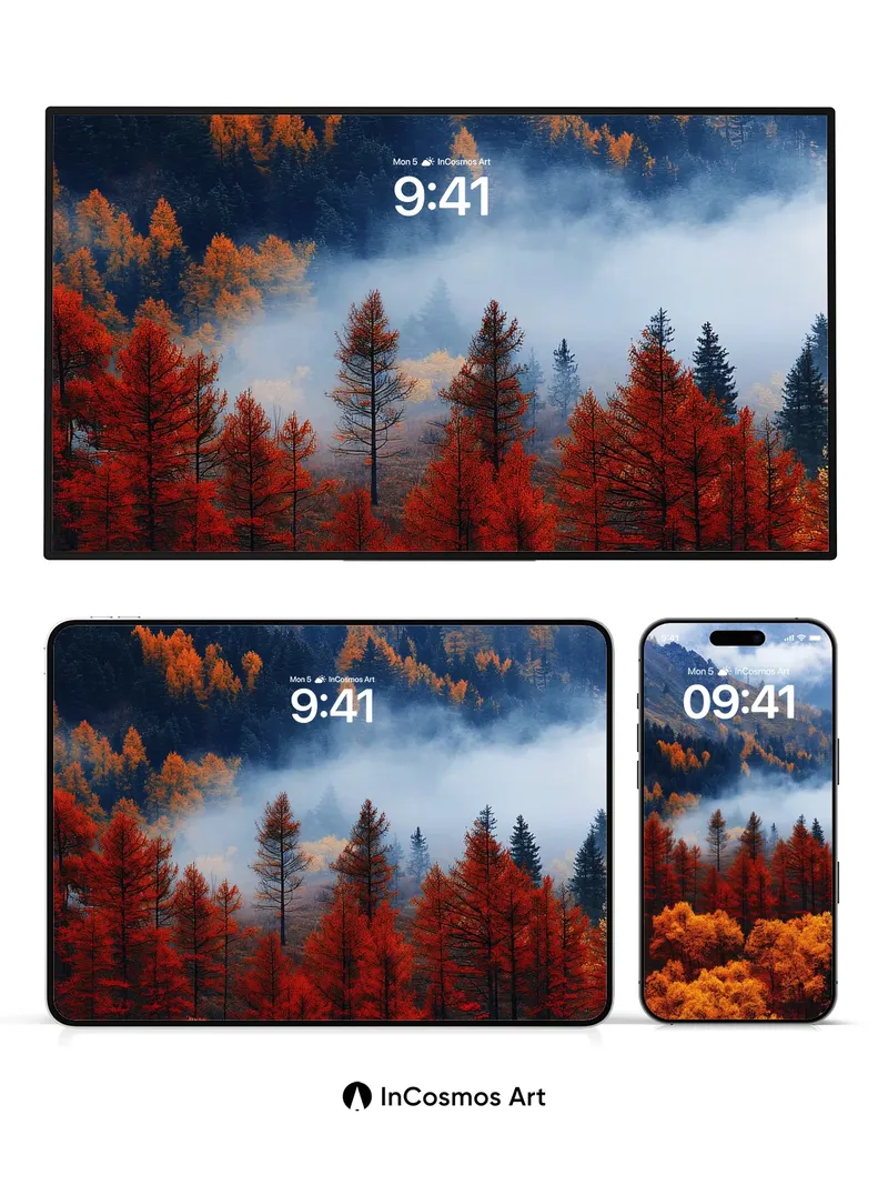 Autumn Hush Wallpaper with Mist-Cradled Pines