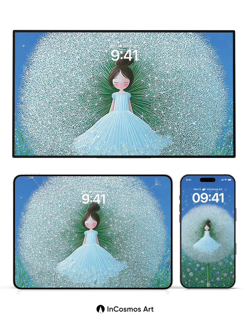 Serene Dandelion Dream Wallpaper with Floating Seeds