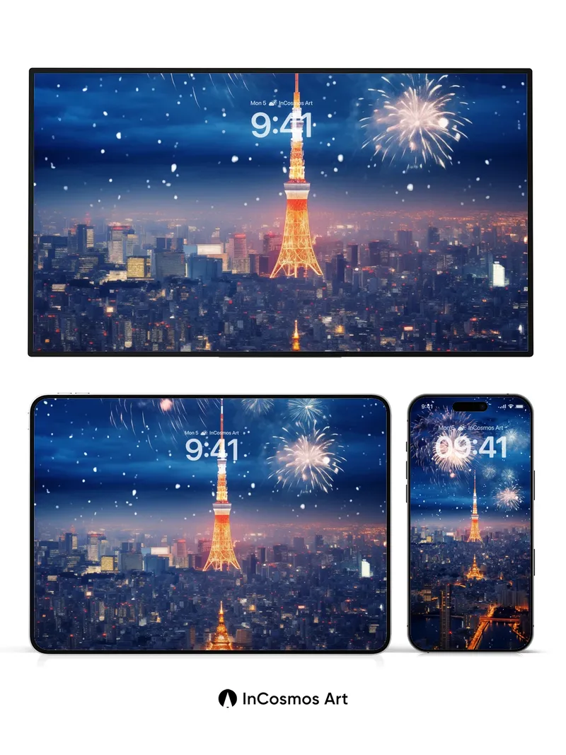 Celestial Firework Wallpaper with Tokyo's Golden Spire