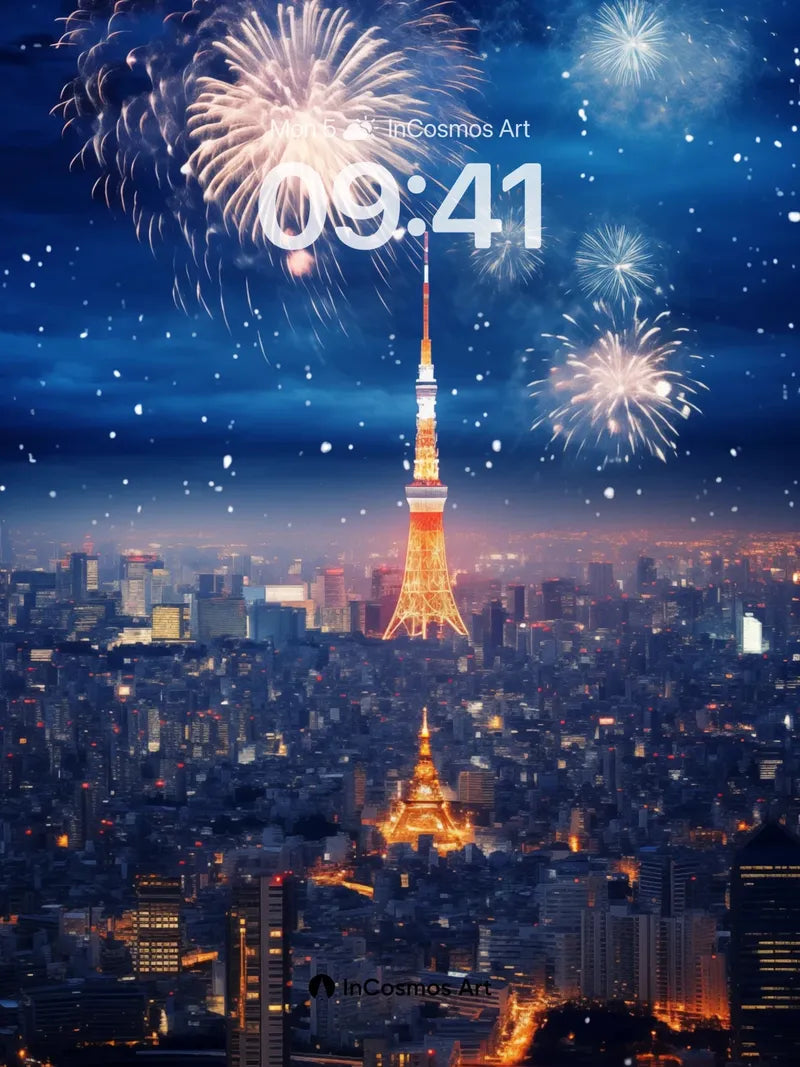 Celestial Firework Wallpaper with Tokyo's Golden Spire