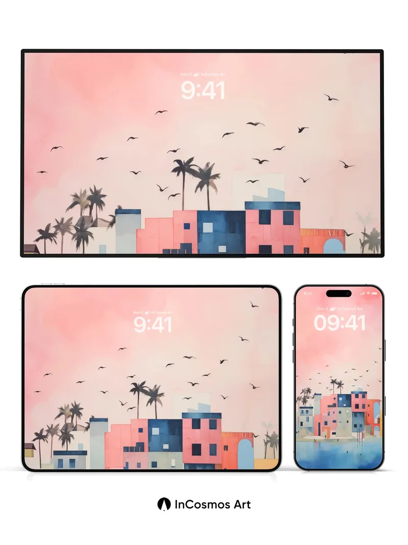 Coral Hush Wallpaper with Floating Palms