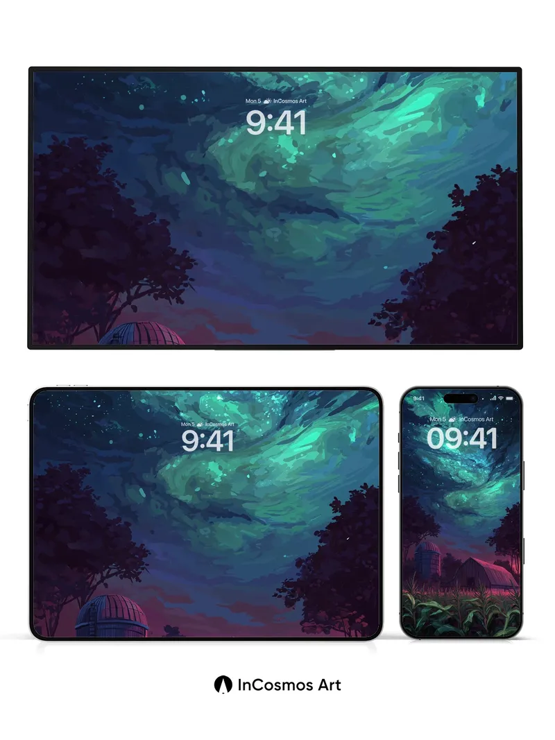 Aurora Hush Wallpaper with Midnight Farm