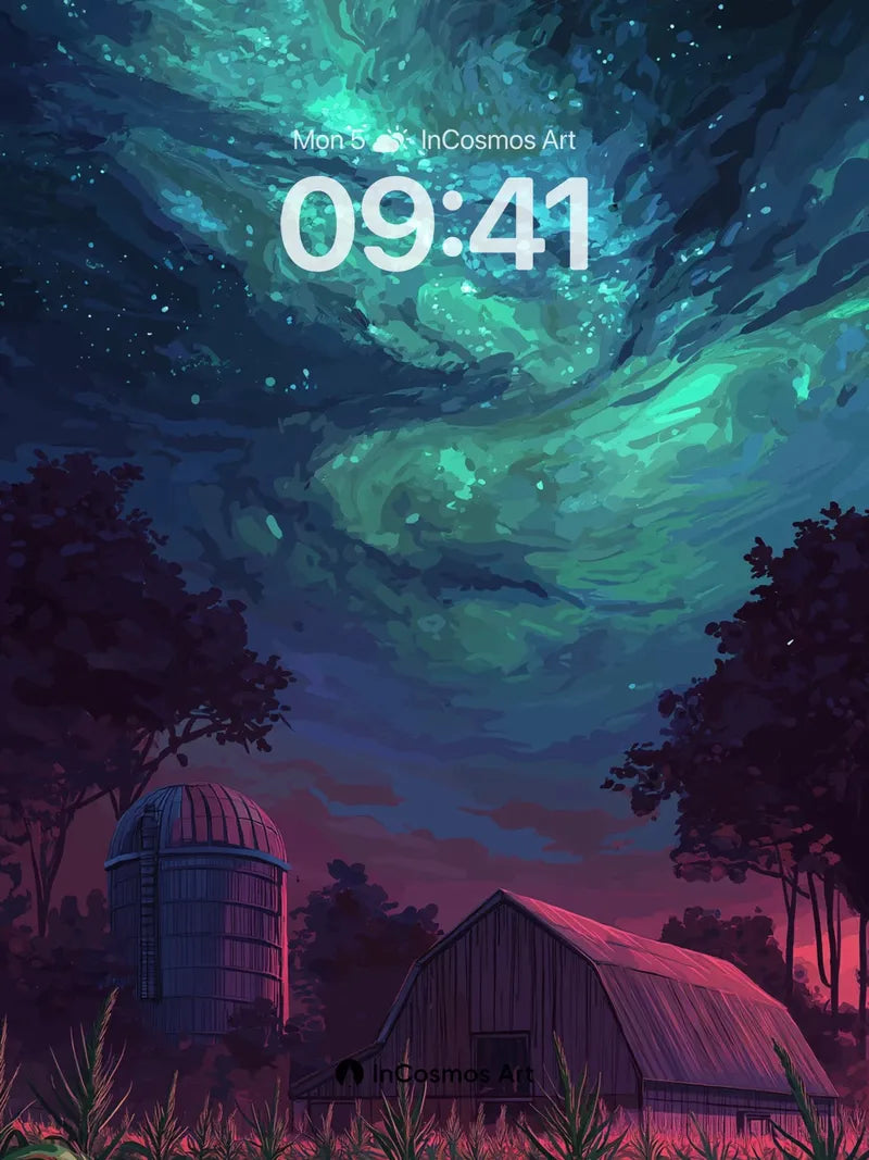 Aurora Hush Wallpaper with Midnight Farm