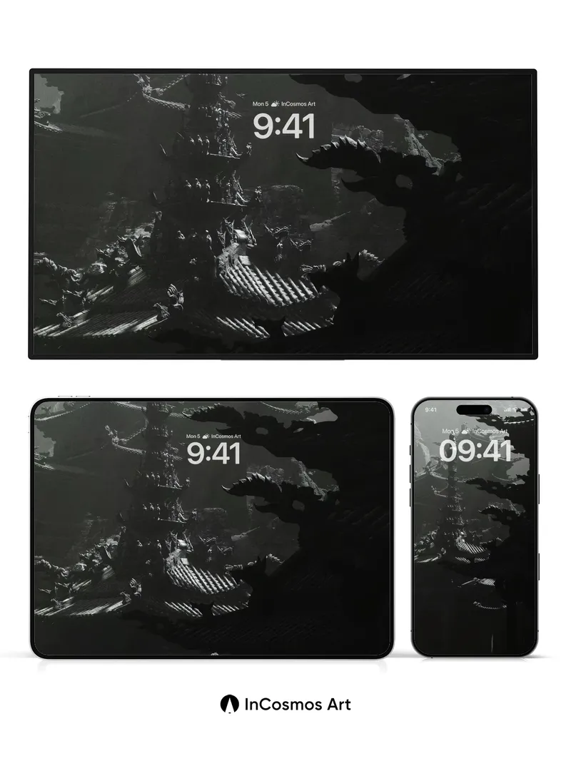 Shadowed Pagoda Wallpaper with Floating Light