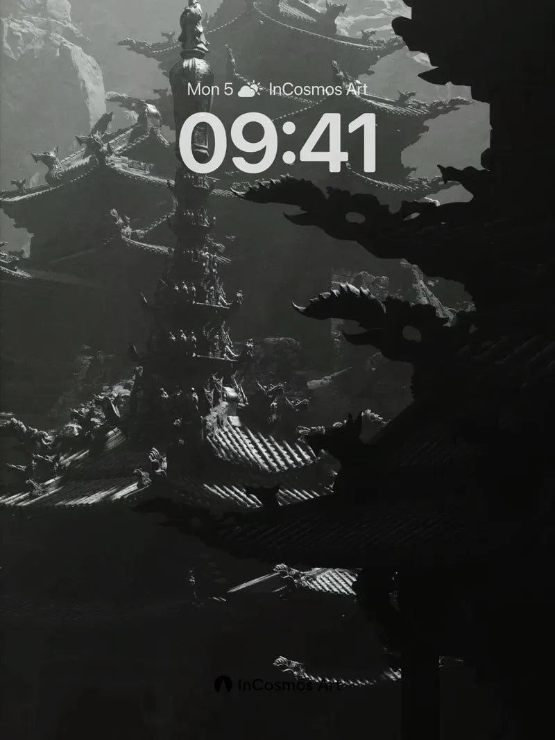 Shadowed Pagoda Wallpaper with Floating Light