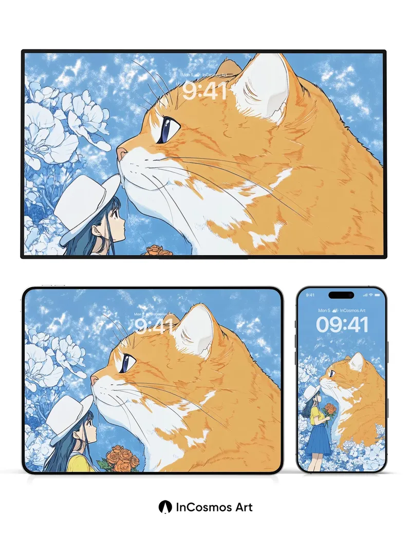 Whispering Sky Wallpaper with Giant Cat and Girl