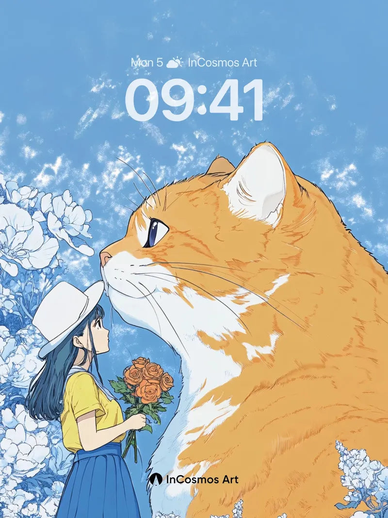 Whispering Sky Wallpaper with Giant Cat and Girl