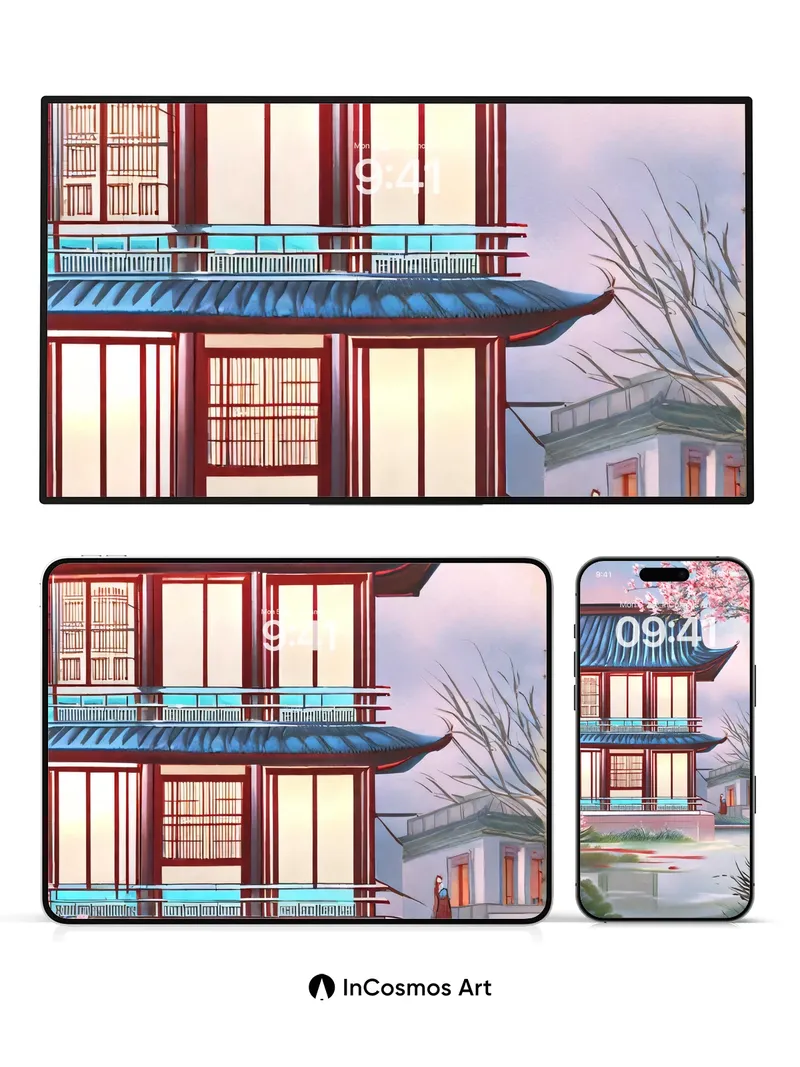 Serenity in Cherry Blossom Wallpaper with Reflective Water