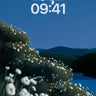 Phone lock-screen preview of white daisies on a hillside beside water under a blue night sky
