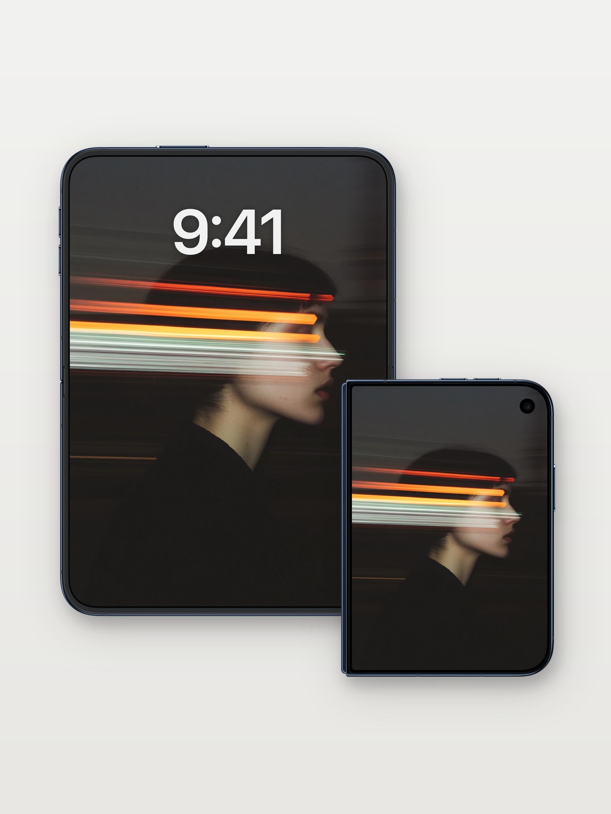 Neon Veil Wallpaper with Motion Trails on iPhone Duo, open and closed