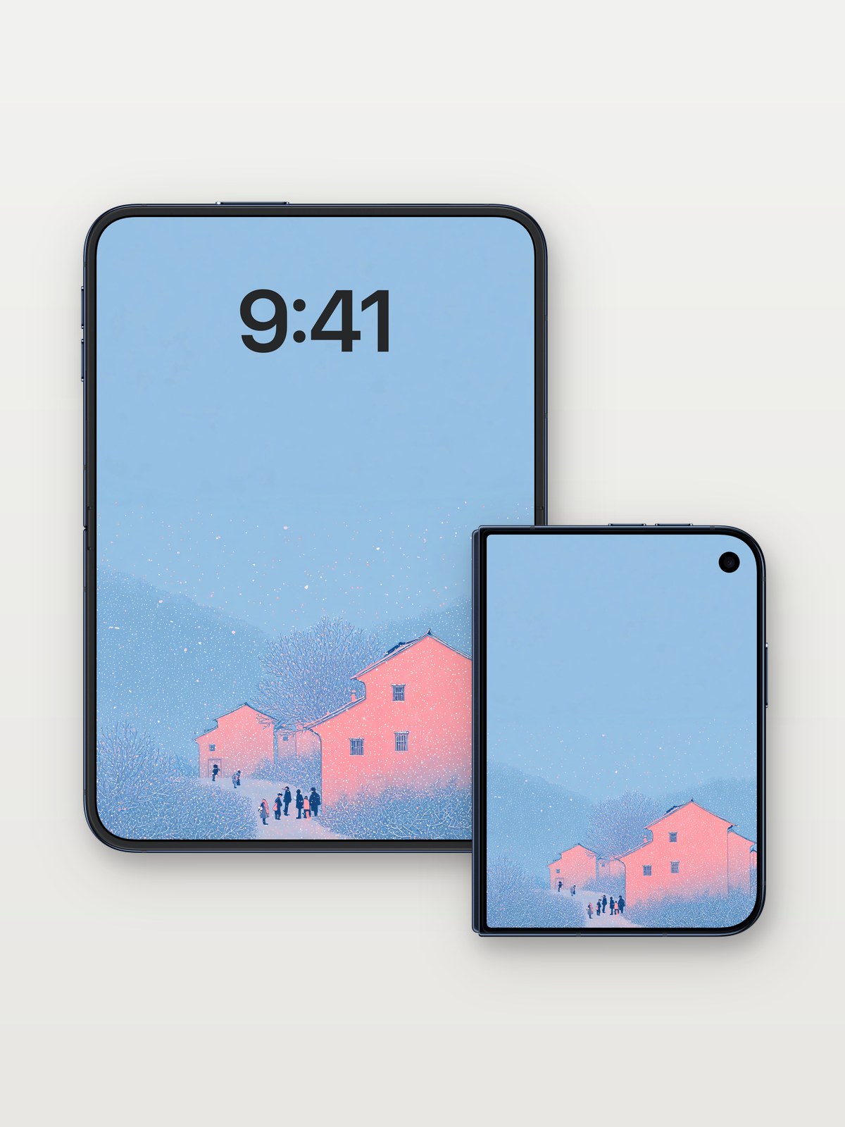 Winter Serenity Pink Cottage Wallpaper Background on iPhone Duo, open and closed