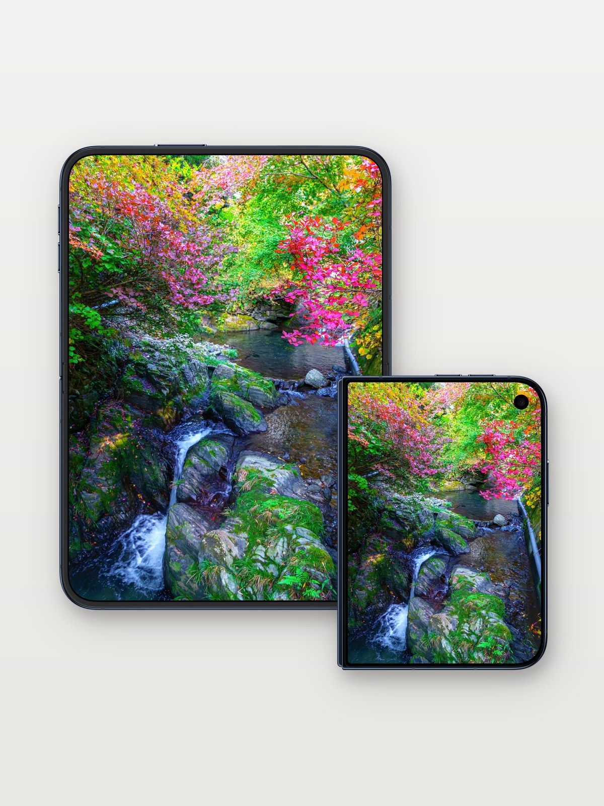 Autumn Whispers Wallpaper with Moss-Covered Stones on iPhone Duo, open and closed