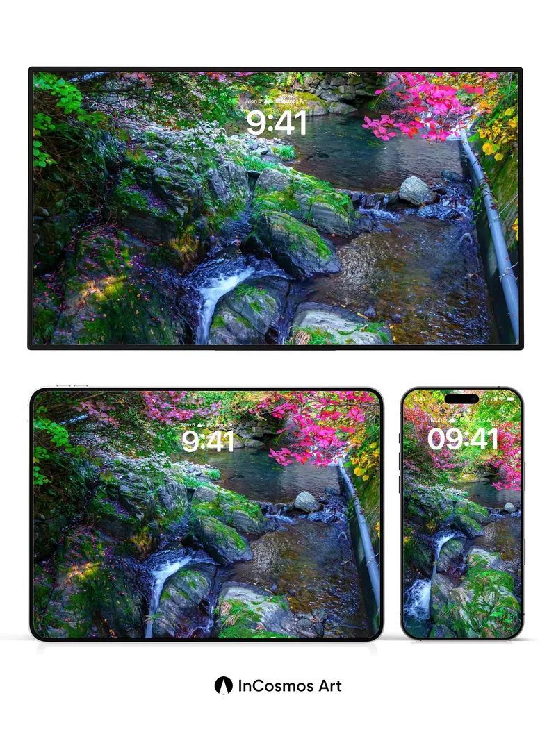 Autumn Whispers Wallpaper with Moss-Covered Stones