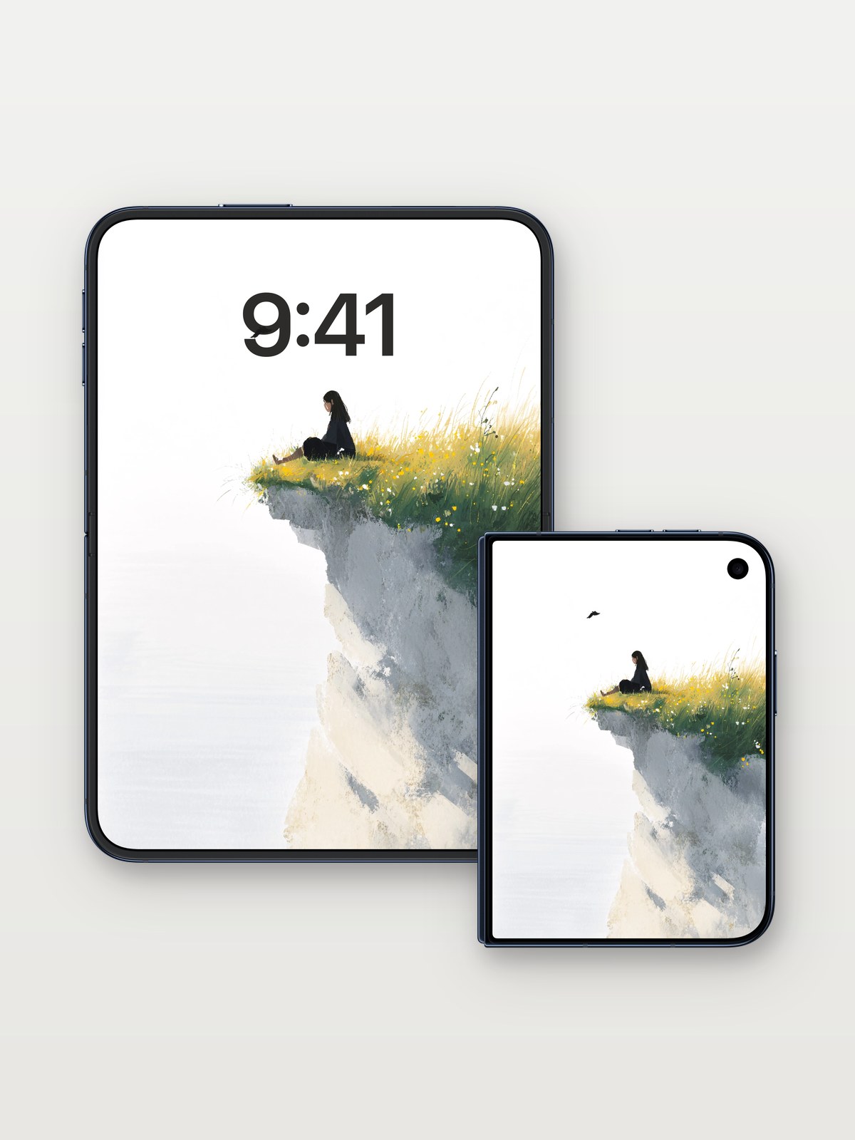 Cliffside Solitude Wallpaper with Misty Horizon on iPhone Duo, open and closed