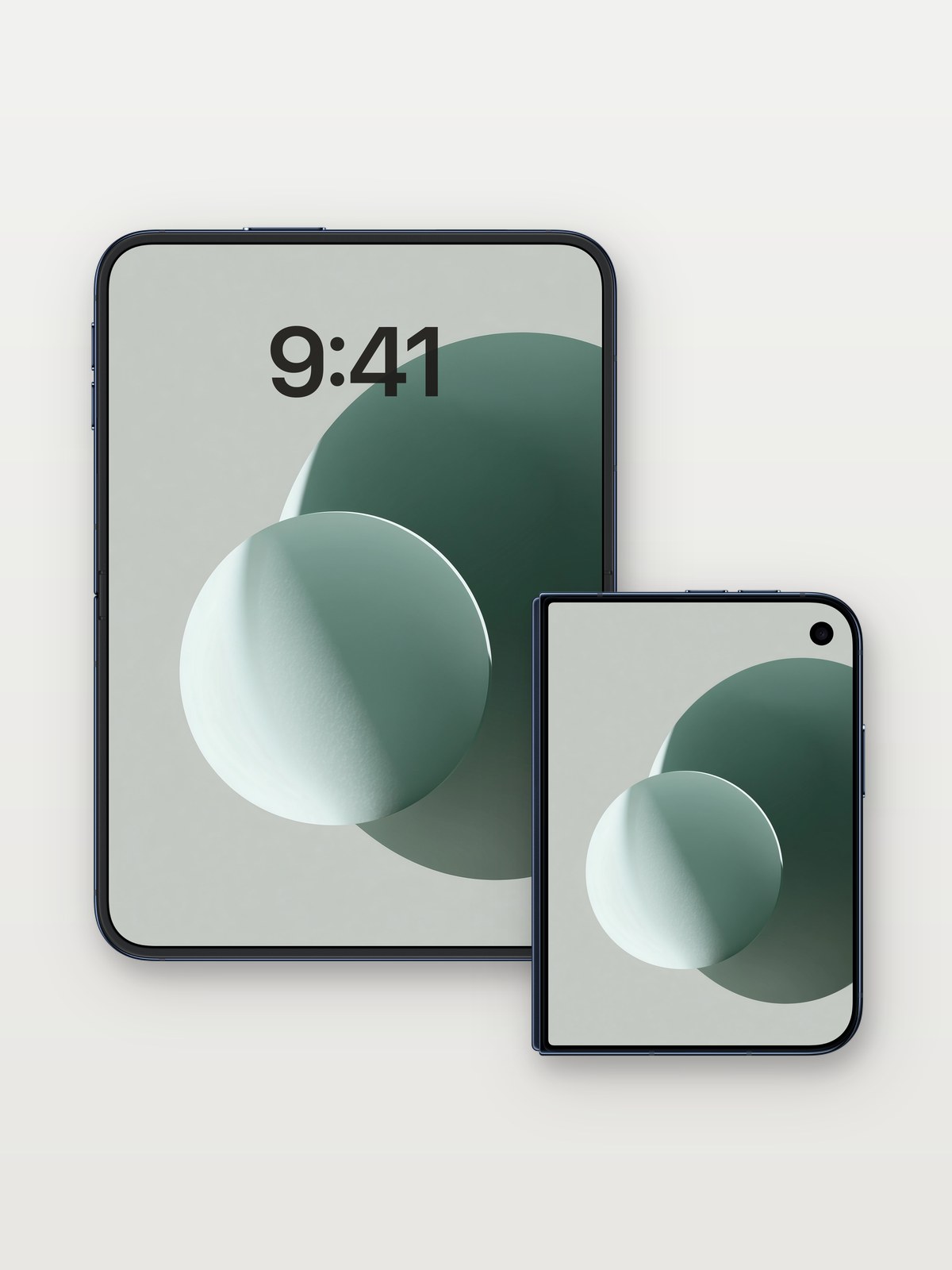 Serene Gradient Wallpaper with Floating Circles on iPhone Duo, open and closed