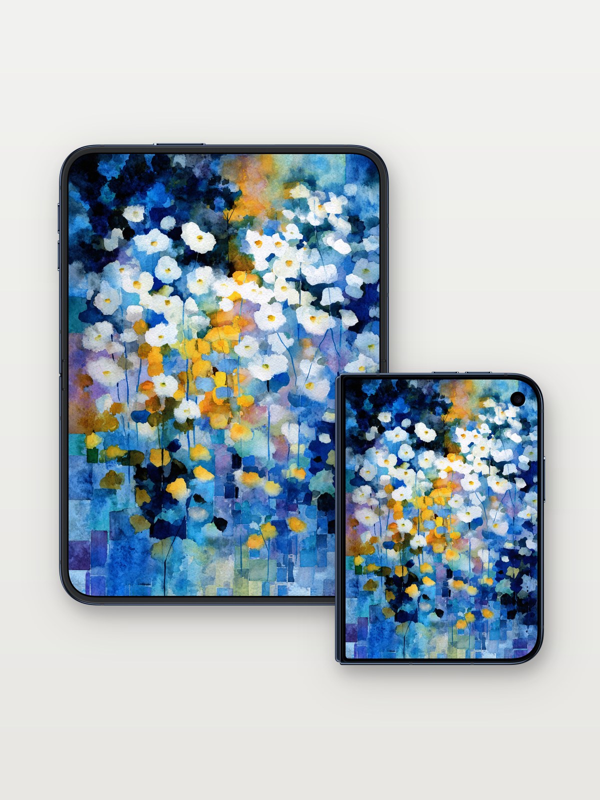Luminous Field Wallpaper with Floating Petals on iPhone Duo, open and closed
