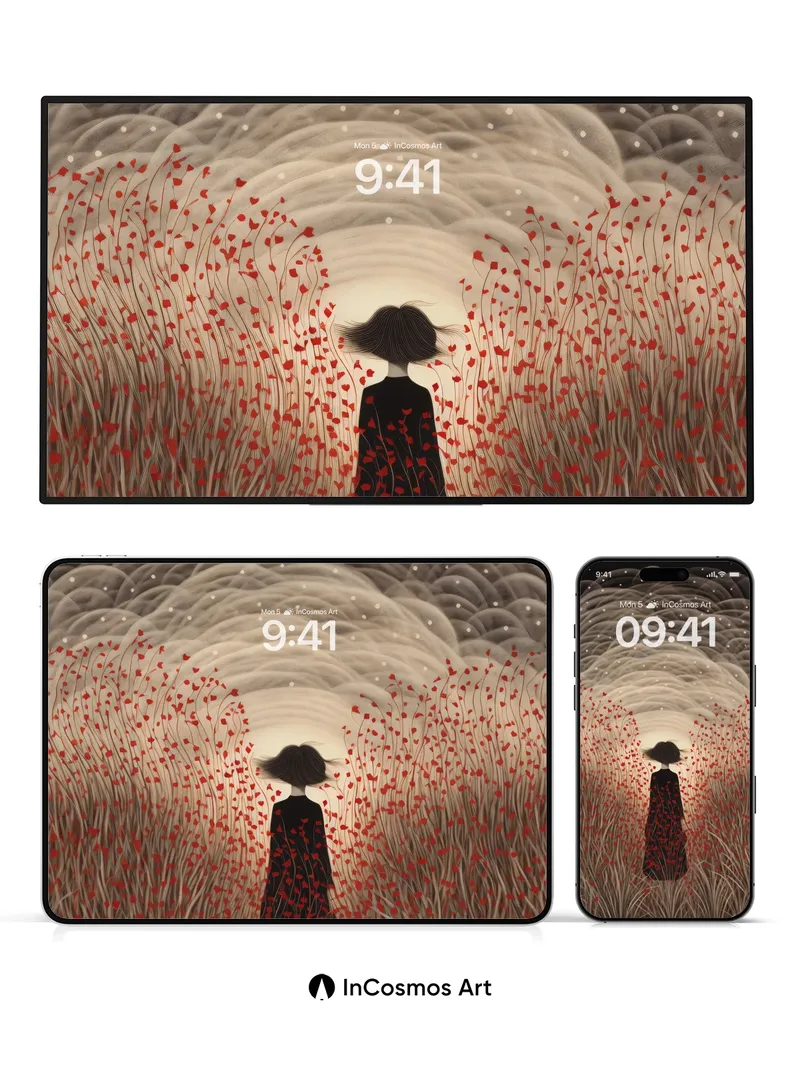 Whispering Field Wallpaper with Crimson Threads