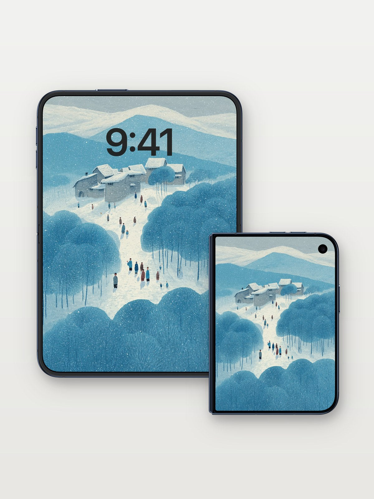 Silent Snowfall Wallpaper with Whispering Trees on iPhone Duo, open and closed