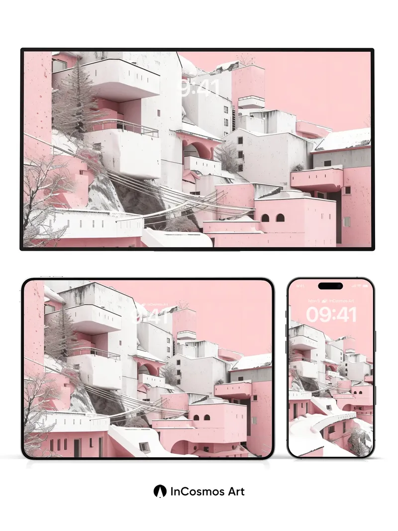 Frost-Whispered Pink Architecture Wallpaper with Snow-Covered Curves