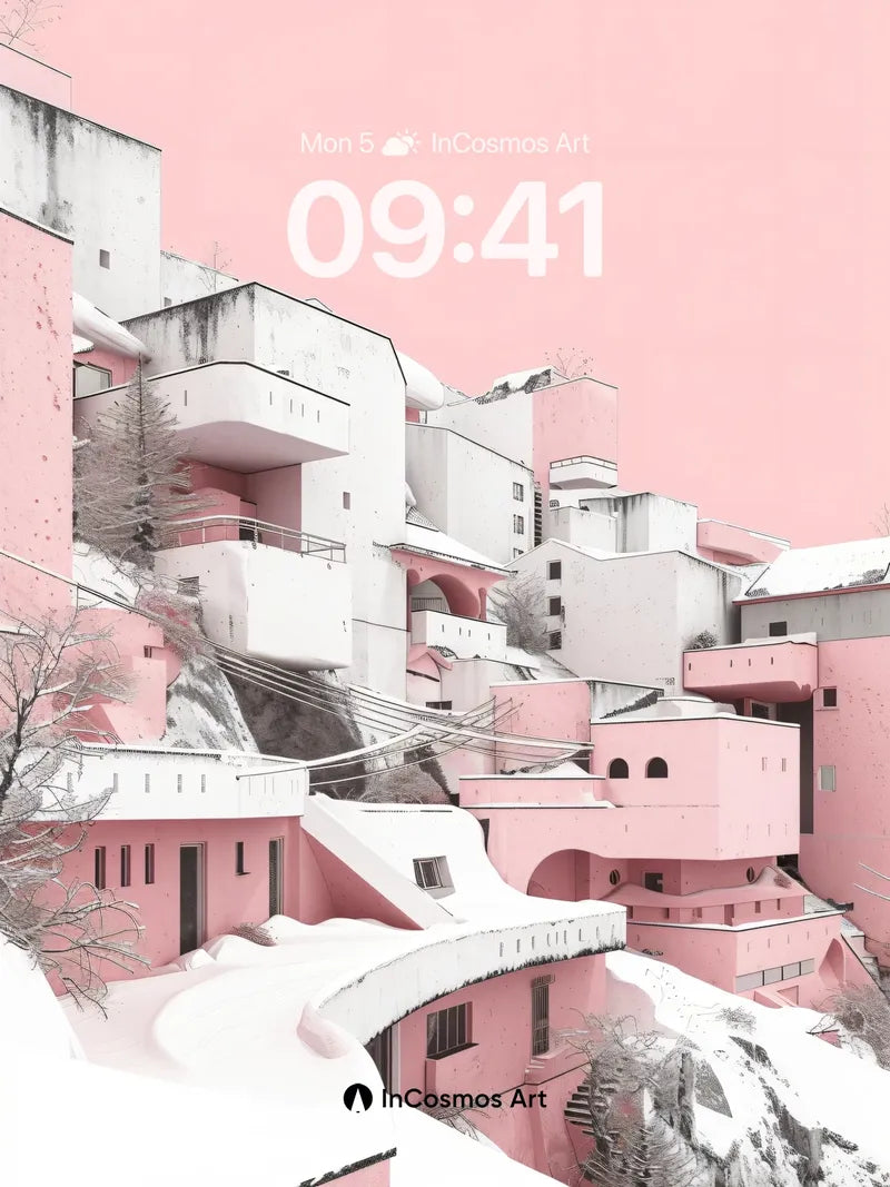 Frost-Whispered Pink Architecture Wallpaper with Snow-Covered Curves