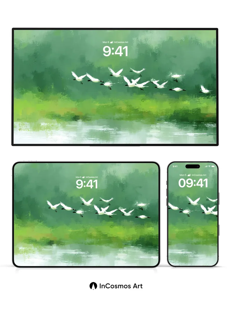 Serene Flight Wallpaper with Misty Green Canvases