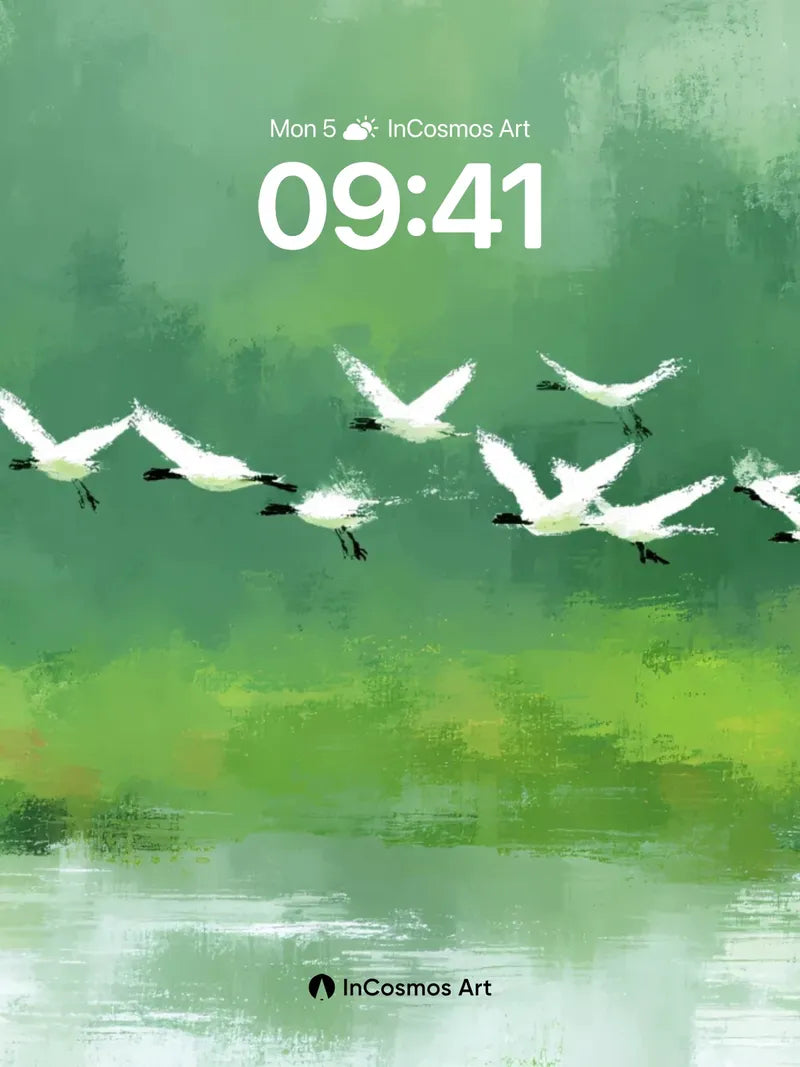 Serene Flight Wallpaper with Misty Green Canvases