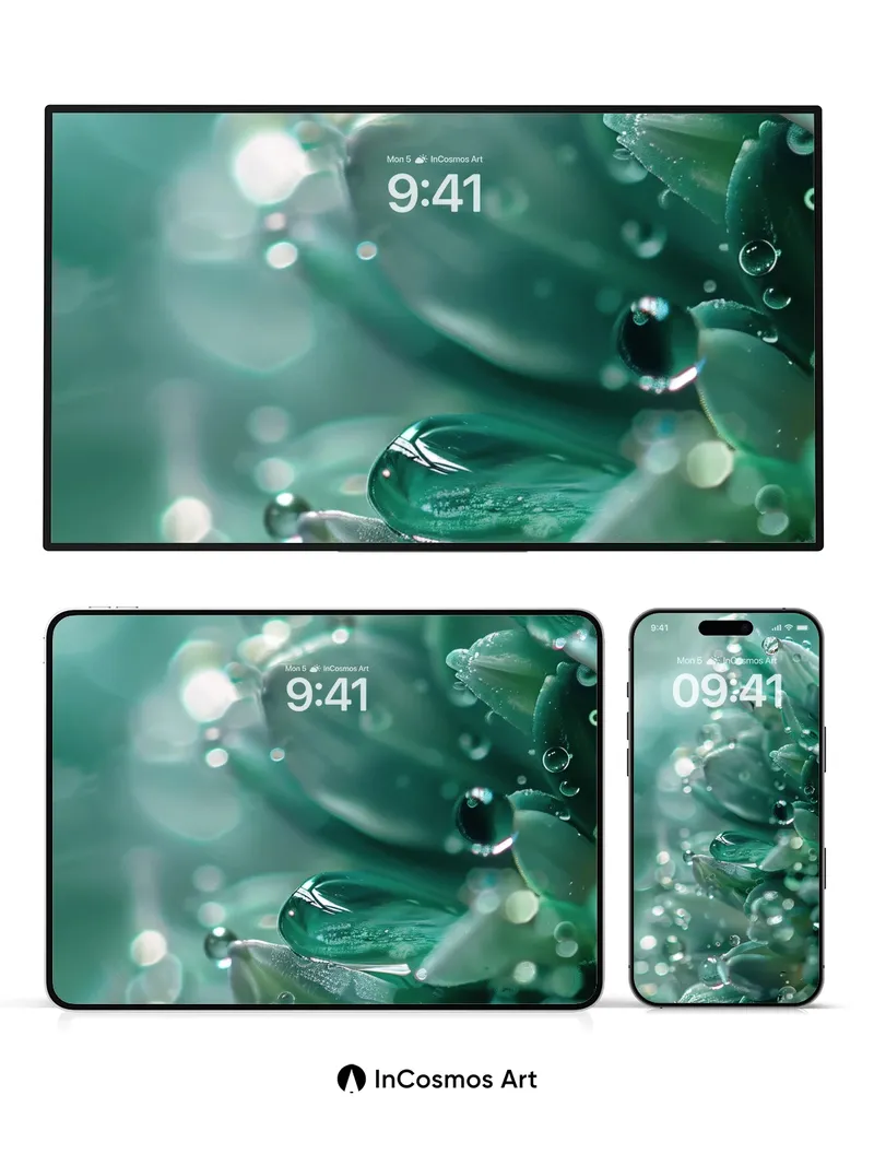 Serene Dewdrop Wallpaper with Glasslike Leaves