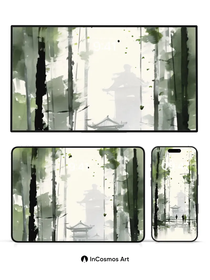 Misty Bamboo Grove Wallpaper with Floating Pagoda