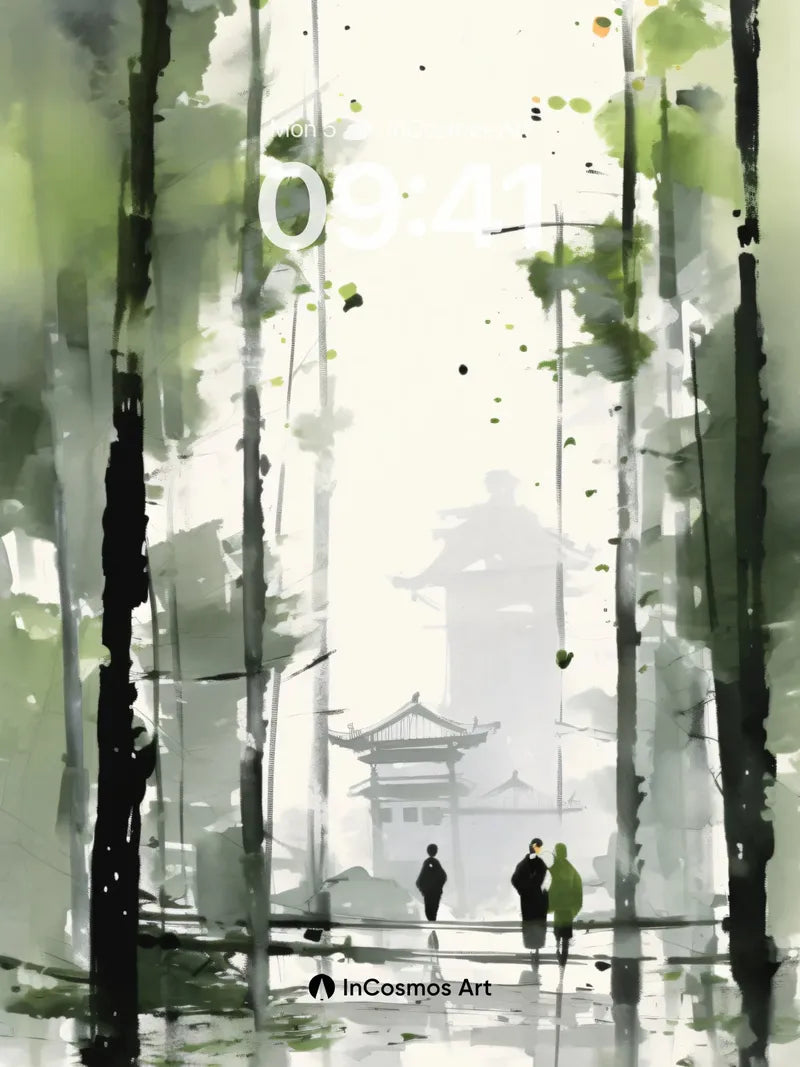 Misty Bamboo Grove Wallpaper with Floating Pagoda