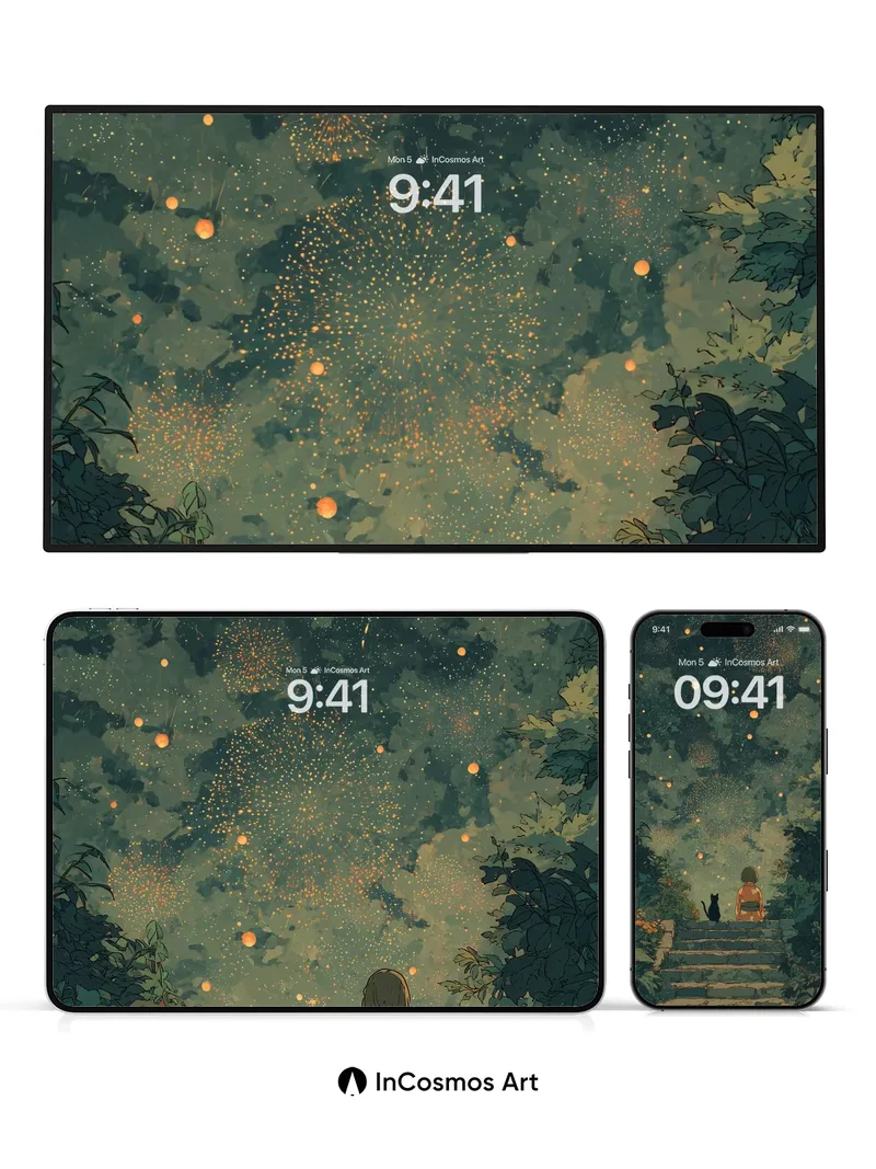 Starry Pathway Wallpaper with Whispering Fireworks