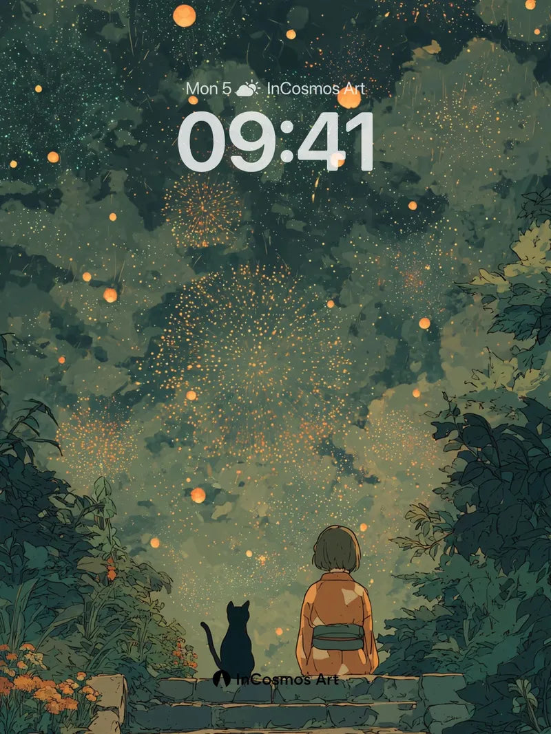 Starry Pathway Wallpaper with Whispering Fireworks