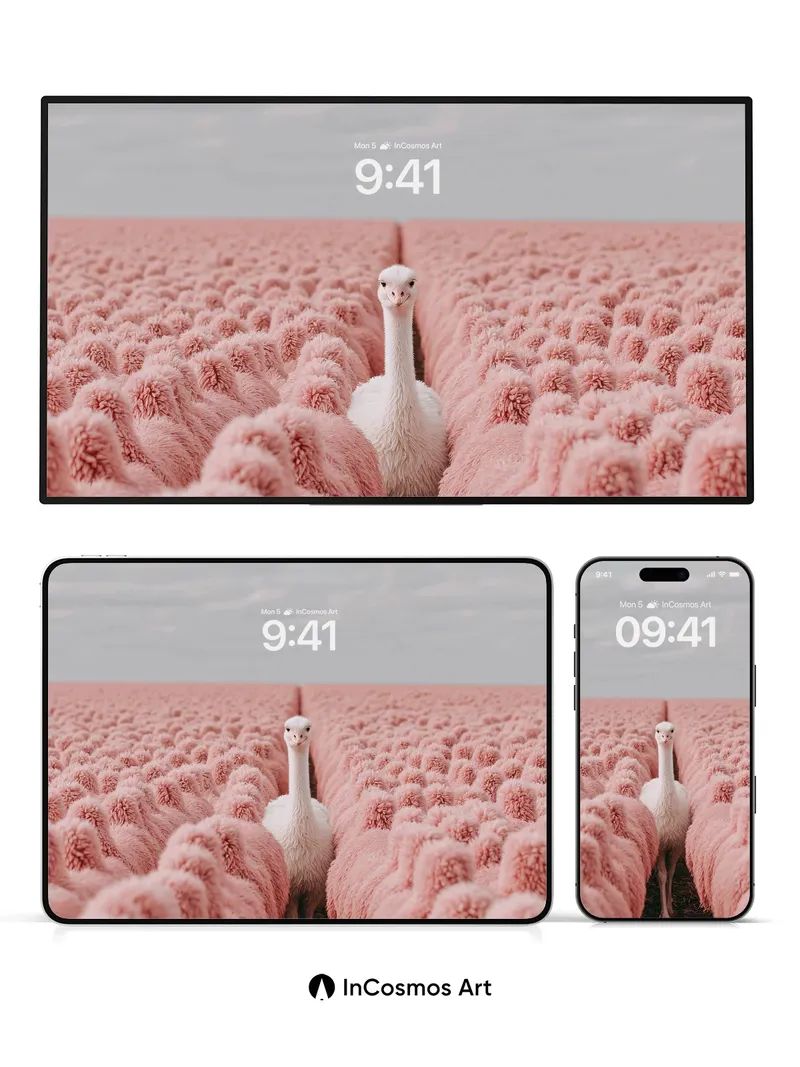 Surreal Ostrich Wallpaper with Pink Fluff Fields
