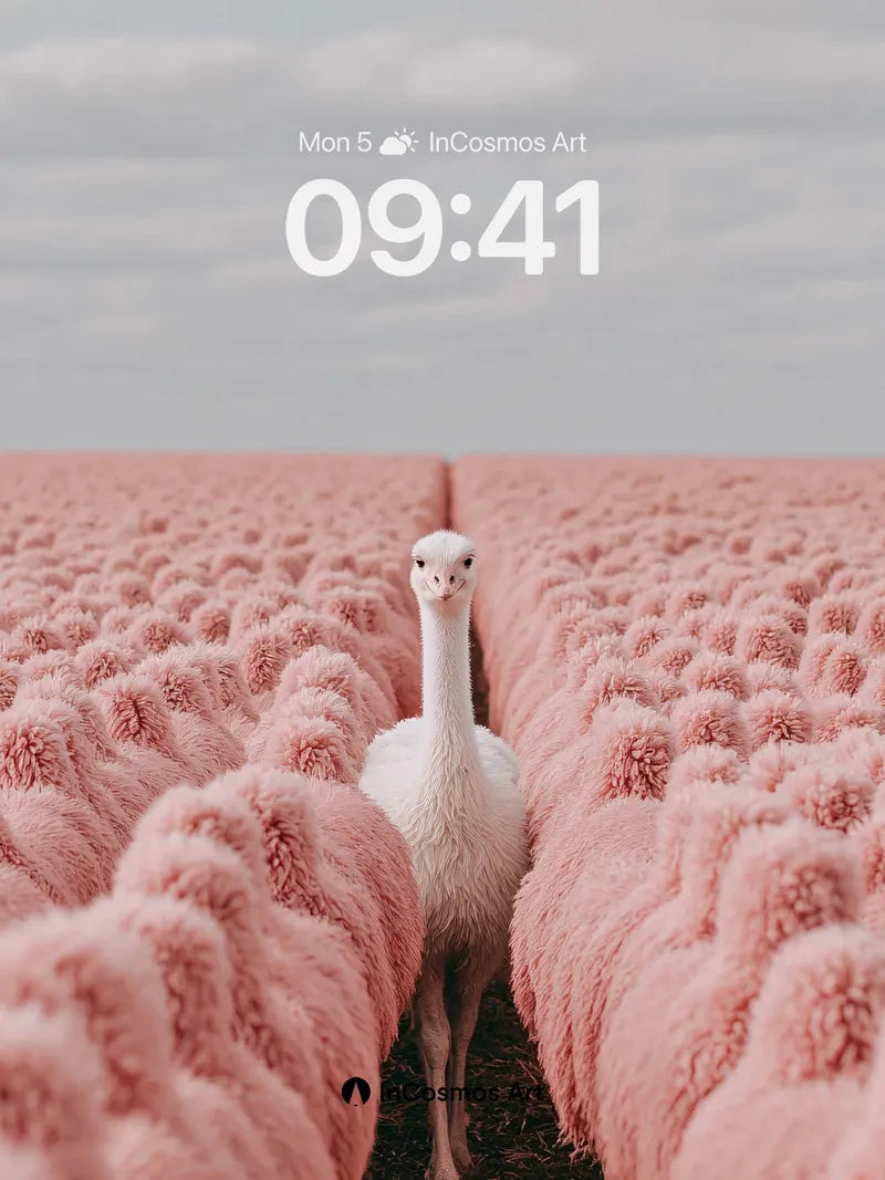 Surreal Ostrich Wallpaper with Pink Fluff Fields wallpaper for iPhone, iPad & Mac