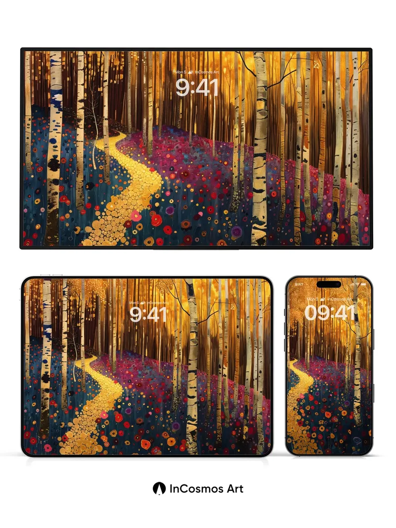 Golden Pathway Wallpaper with Whispering Birches