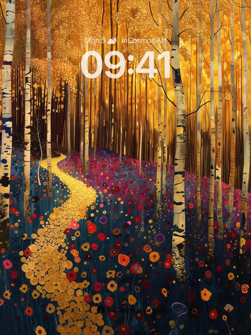 Golden Pathway Wallpaper with Whispering Birches