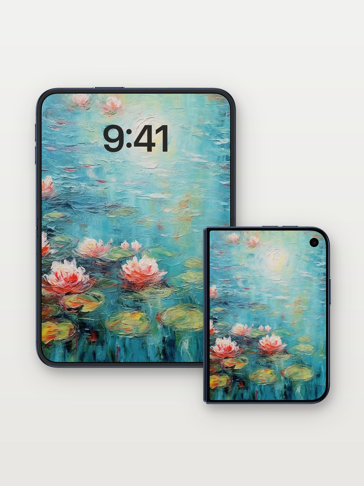 Luminous Waterlily Wallpaper with Monet's Touch on iPhone Duo, open and closed