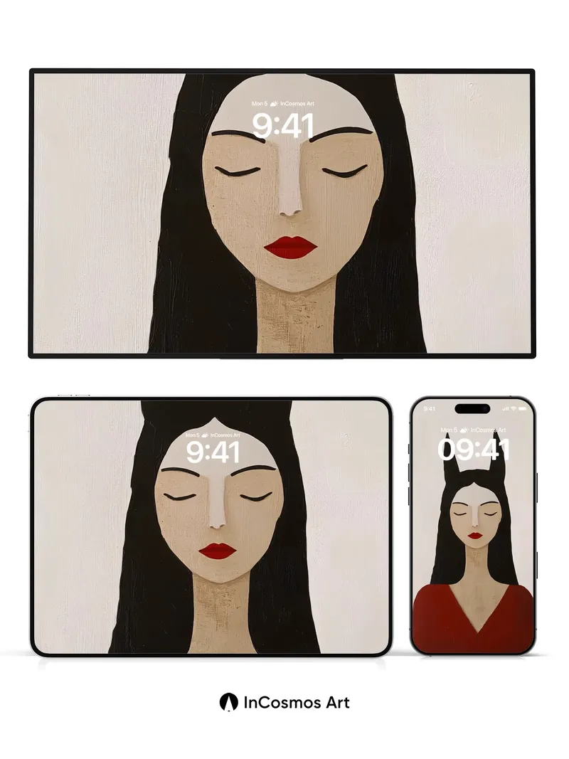 Serene Cat-Eared Wallpaper with Velvet Red Depths