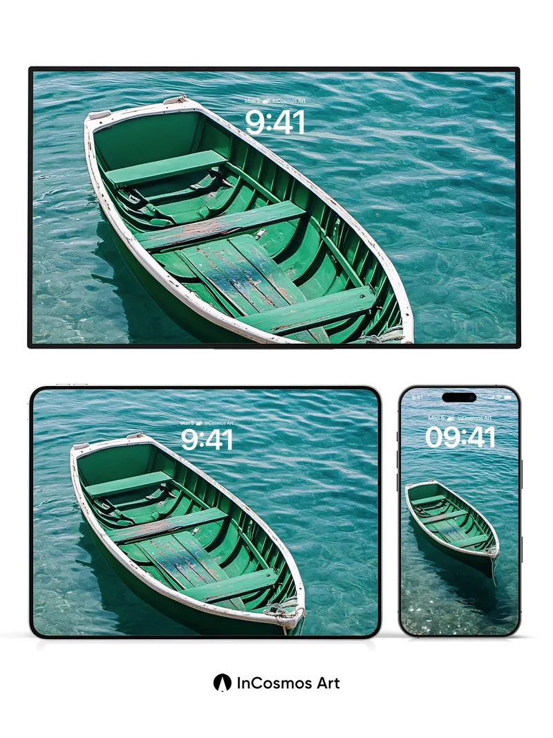 Calm Green Boat Wallpaper with Crystal Water