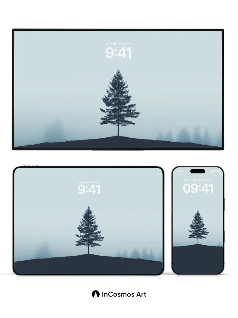 Solitary Pine Wallpaper in Foggy Silence