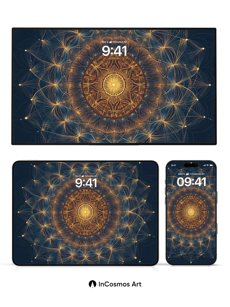 Golden Web Wallpaper with Celestial Geometry