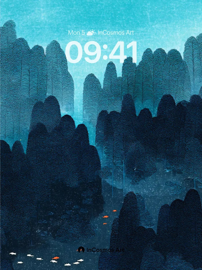 Serenity Forest Wallpaper with Floating Fish