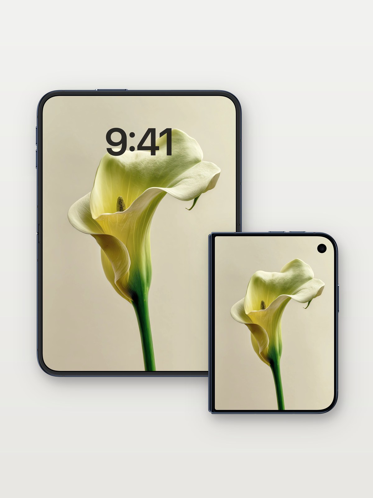 Serene Calla Wallpaper with Ethereal Light on iPhone Duo, open and closed