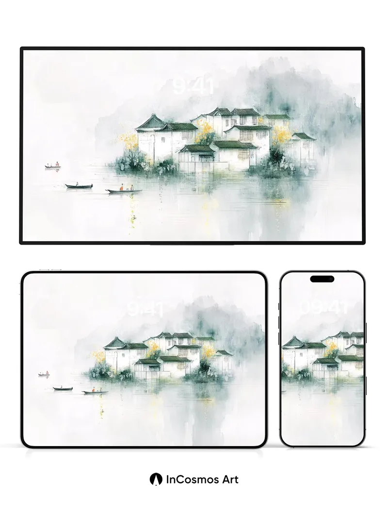Misty Serenity Wallpaper with Floating Villas
