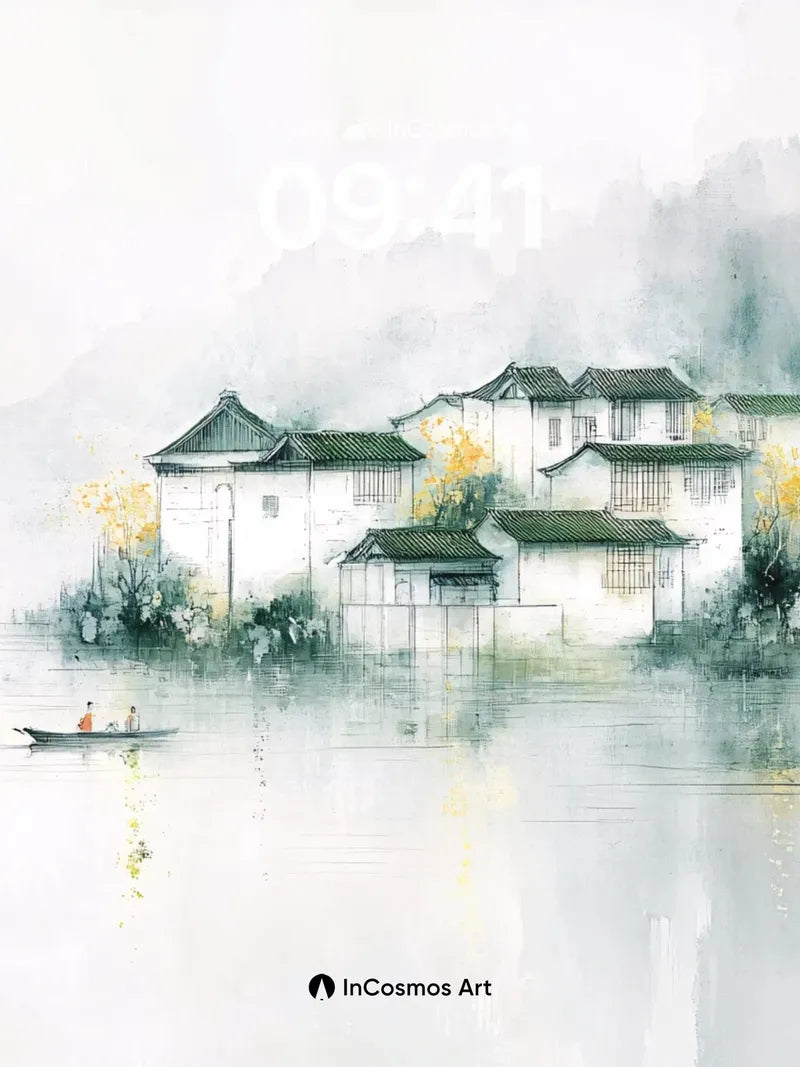 Misty Serenity Wallpaper with Floating Villas