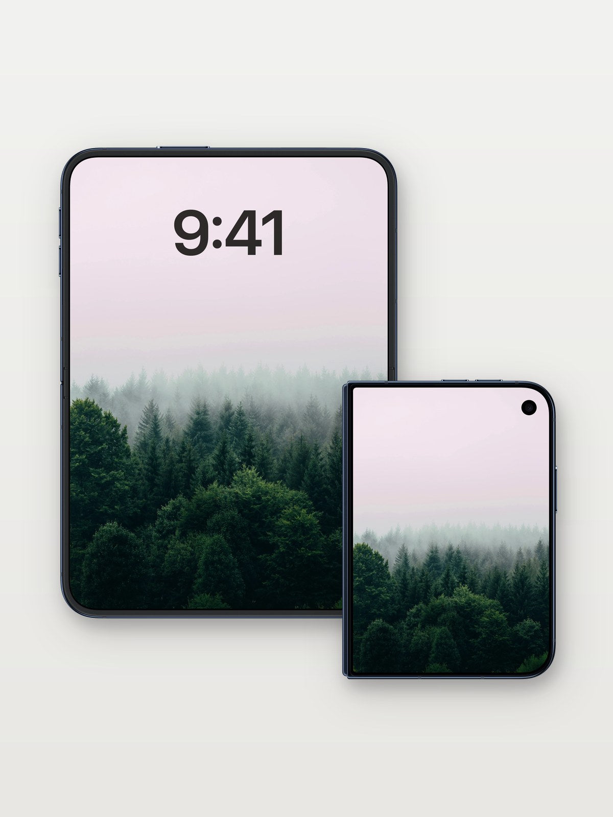 Misty Pine Canopy Wallpaper with Ethereal Haze on iPhone Duo, open and closed