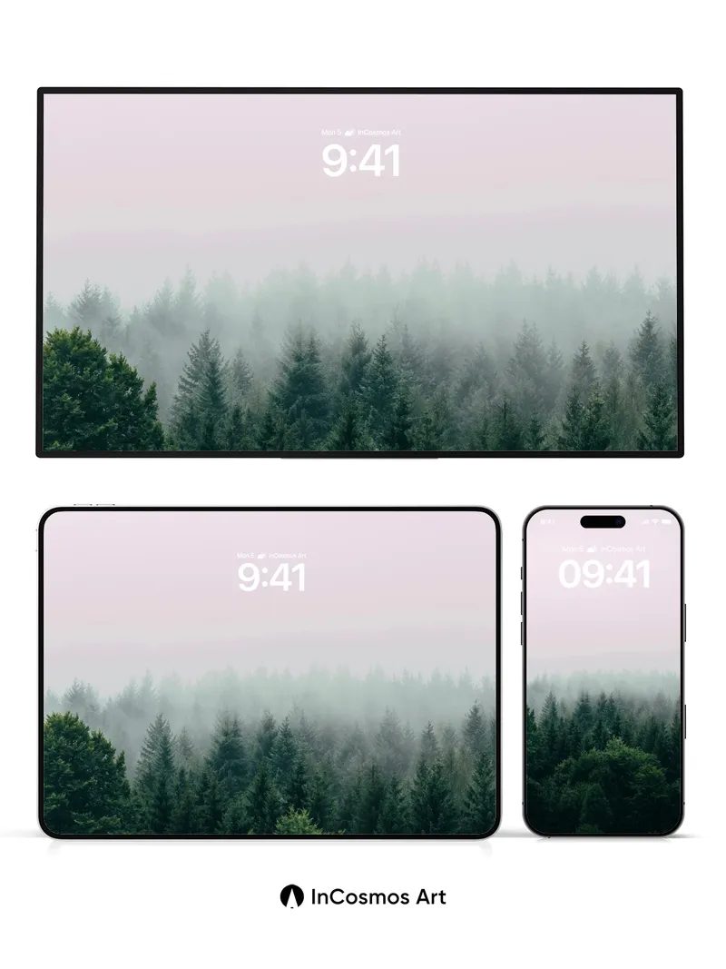 Misty Pine Canopy Wallpaper with Ethereal Haze