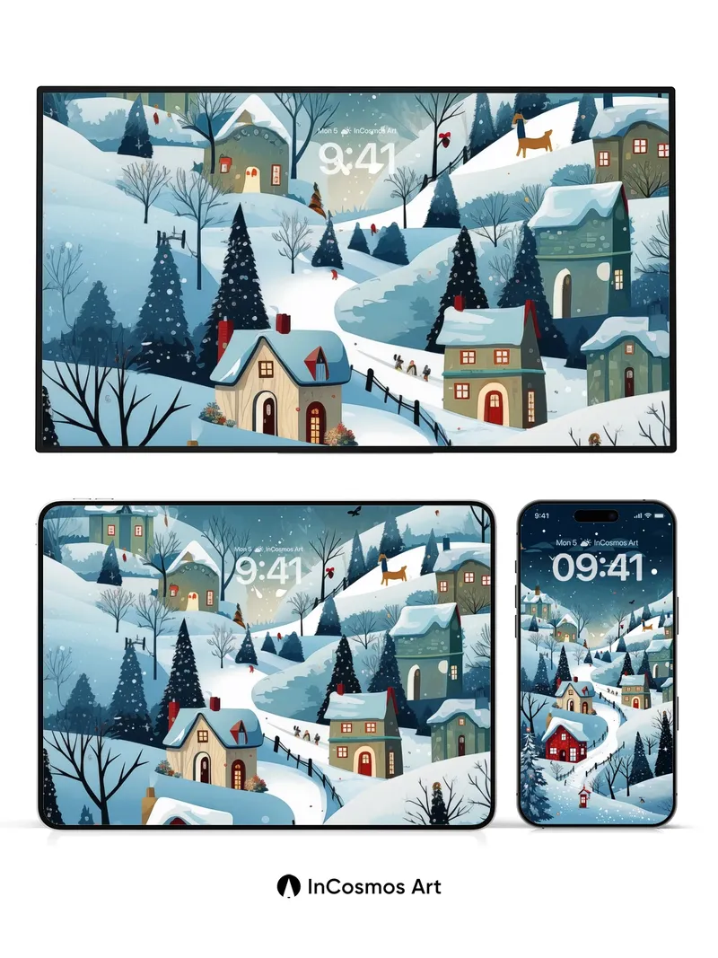 Snowlit Village Wallpaper with Starfall Path