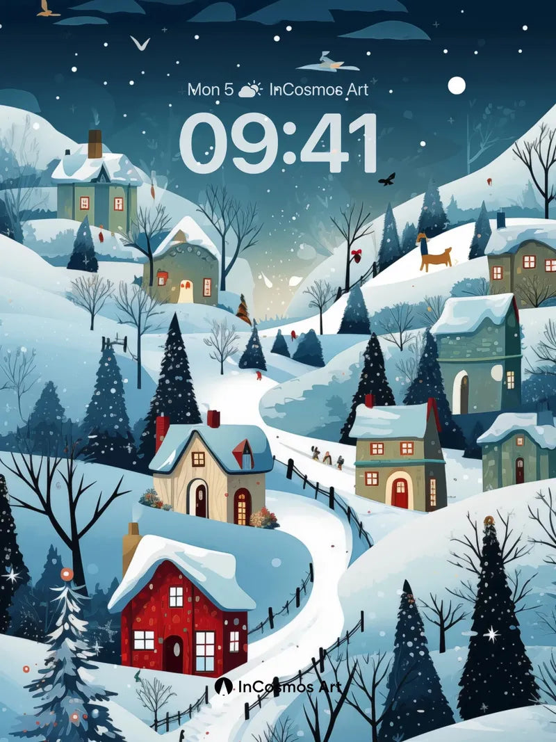 Snowlit Village Wallpaper with Starfall Path