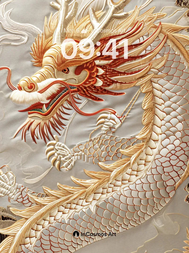 Golden Dragon Embroidery Wallpaper with Silk Texture wallpaper for iPhone, iPad & Mac